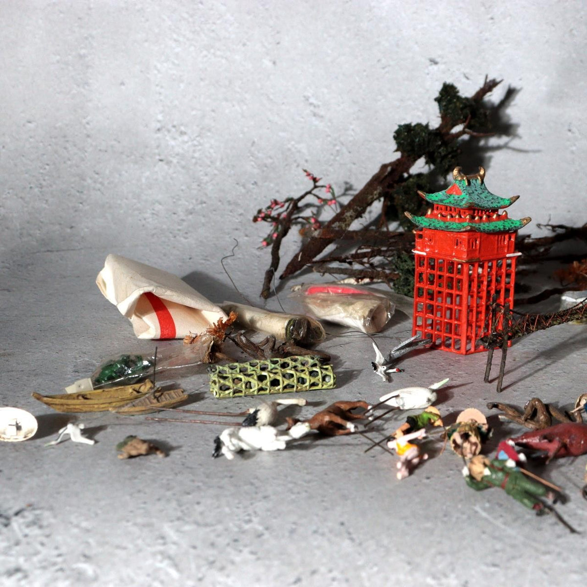 Vintage Japanese Bonkei Tenpai Miniature Figures Trees Suiseki Diorama Set BOSa67