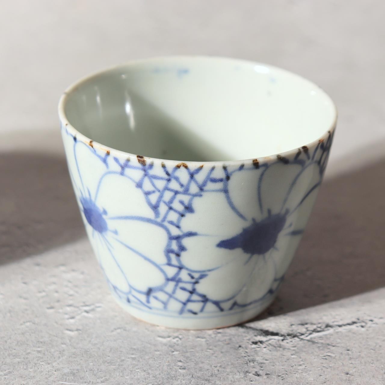 Edo Period Ko-Imari Blue and White Soba Choko Cup Set Net Flower 2pcs Japanese11