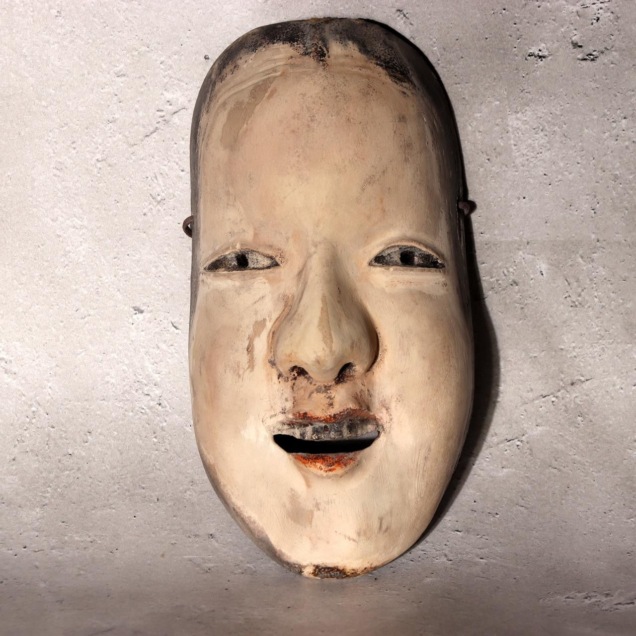 Japanese Antique Wooden Mask Female Woman Noh Kagura Style & Brocade Bag MSK5263