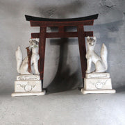 Vintage Japanese Plaster Toyokawa Inari Fox Statues Pair Torii Gate Shinto1