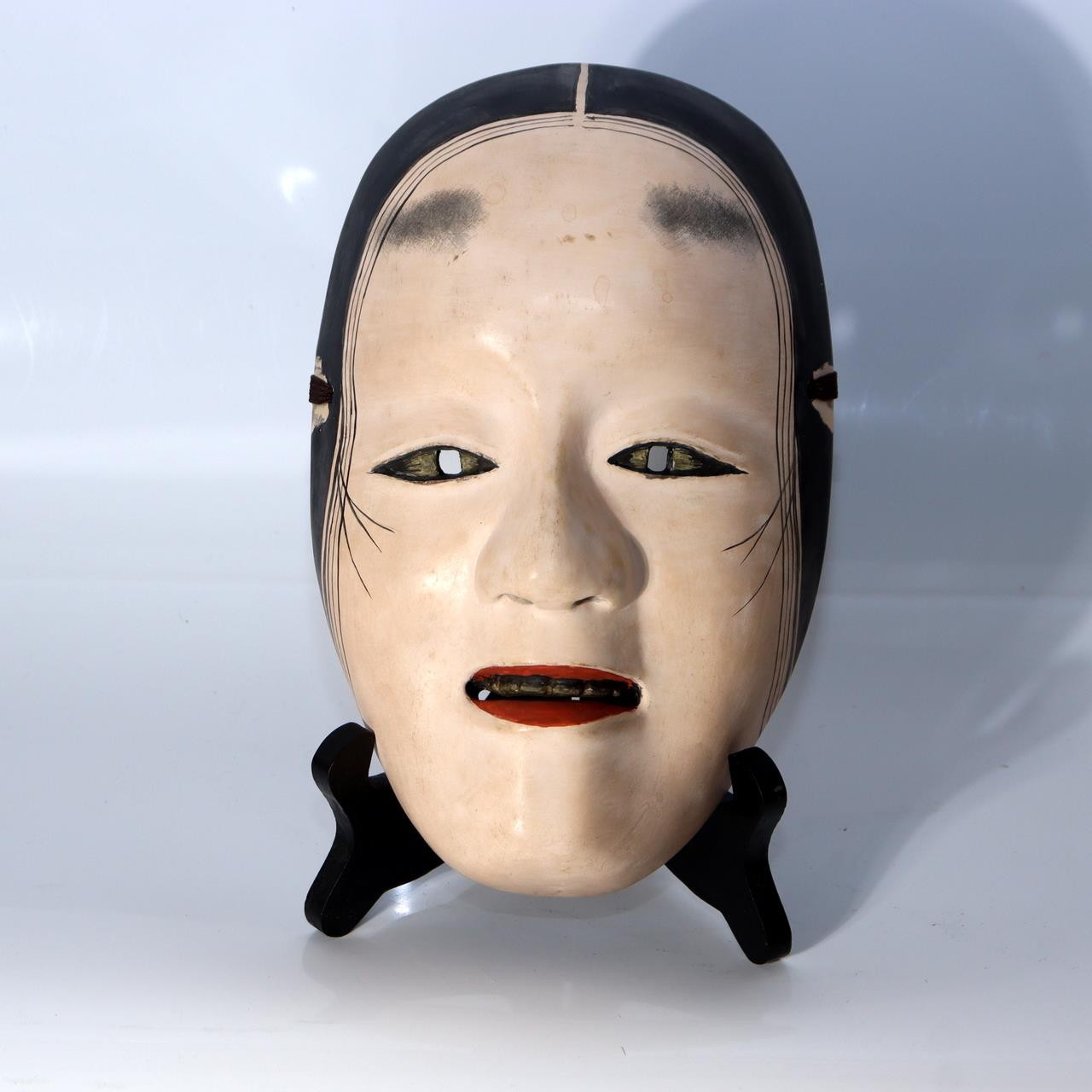Japanese Carved Wooden Noh Mask Deigan Gold Eyes Signed with Mark Tomobako3