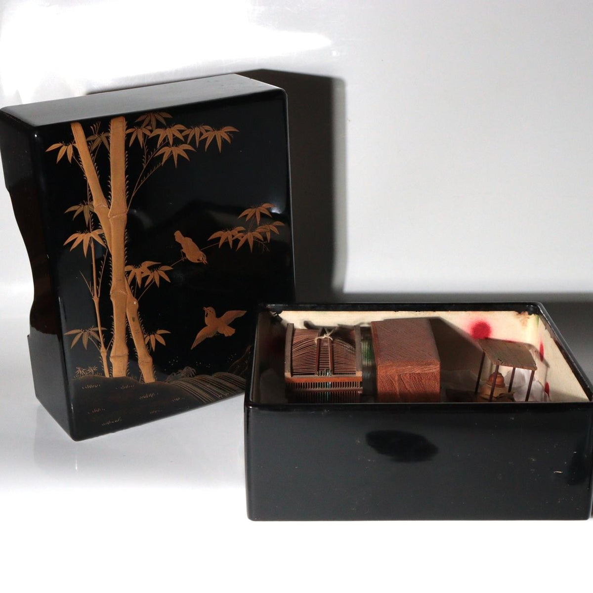 Vintage Japanese Wooden Miniature Set Birdcage Tea Utensils Maki-e Box WO667-22
