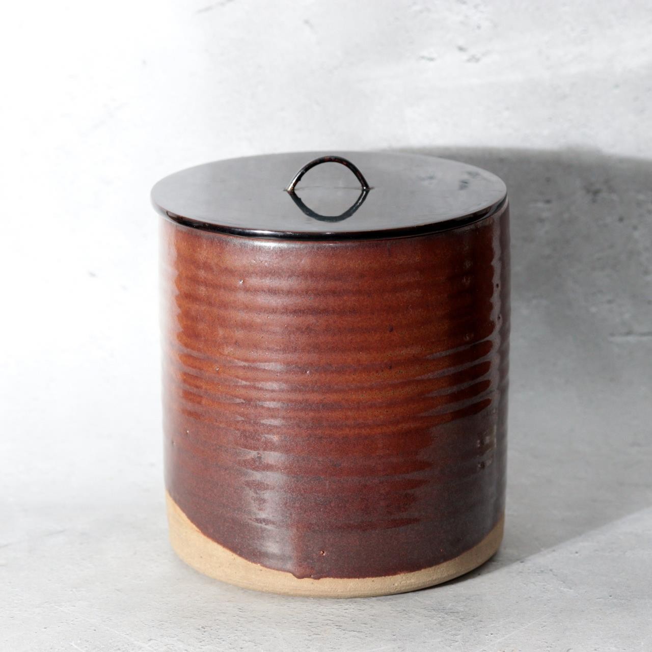 Japanese Seto Ware Ceramic Mizusashi Water Jar Brown Ribbed Texture Tomobako1