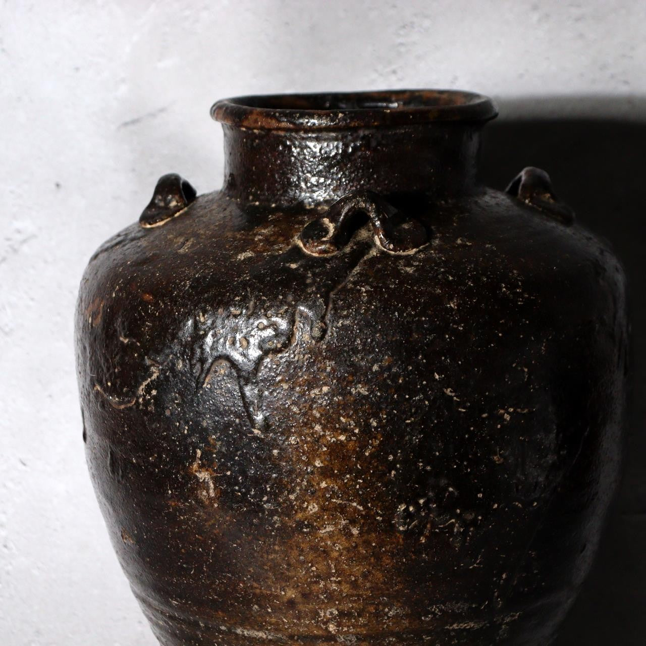 Antique Japanese Shiga Folk Kiln Pottery Iron Glaze Shiji-ko Four-Lug Jar PV31116