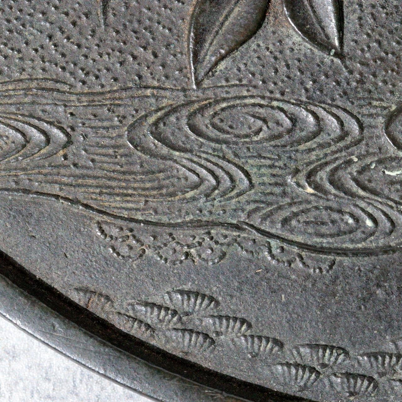 Antique Edo Period Bronze Hand Mirror Fujiwara Yoshikatsu Wooden Handle BOSa4912
