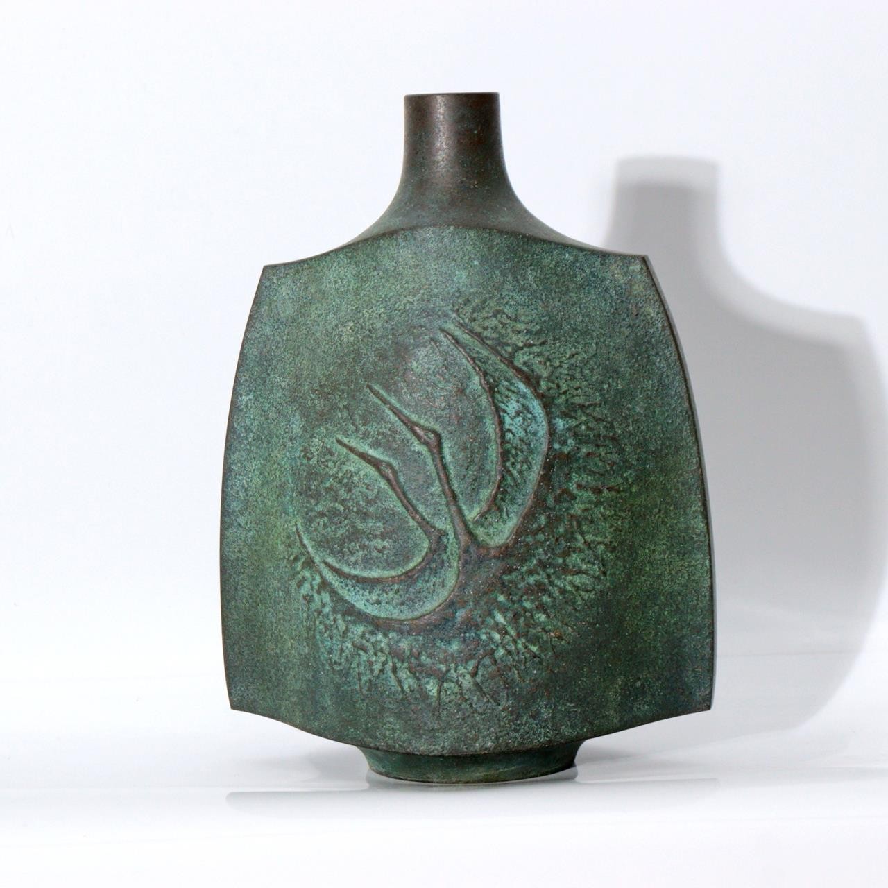 Japanese Takaoka Bronze Vase Mitsuru Obaka Relief Tomobako BV7671