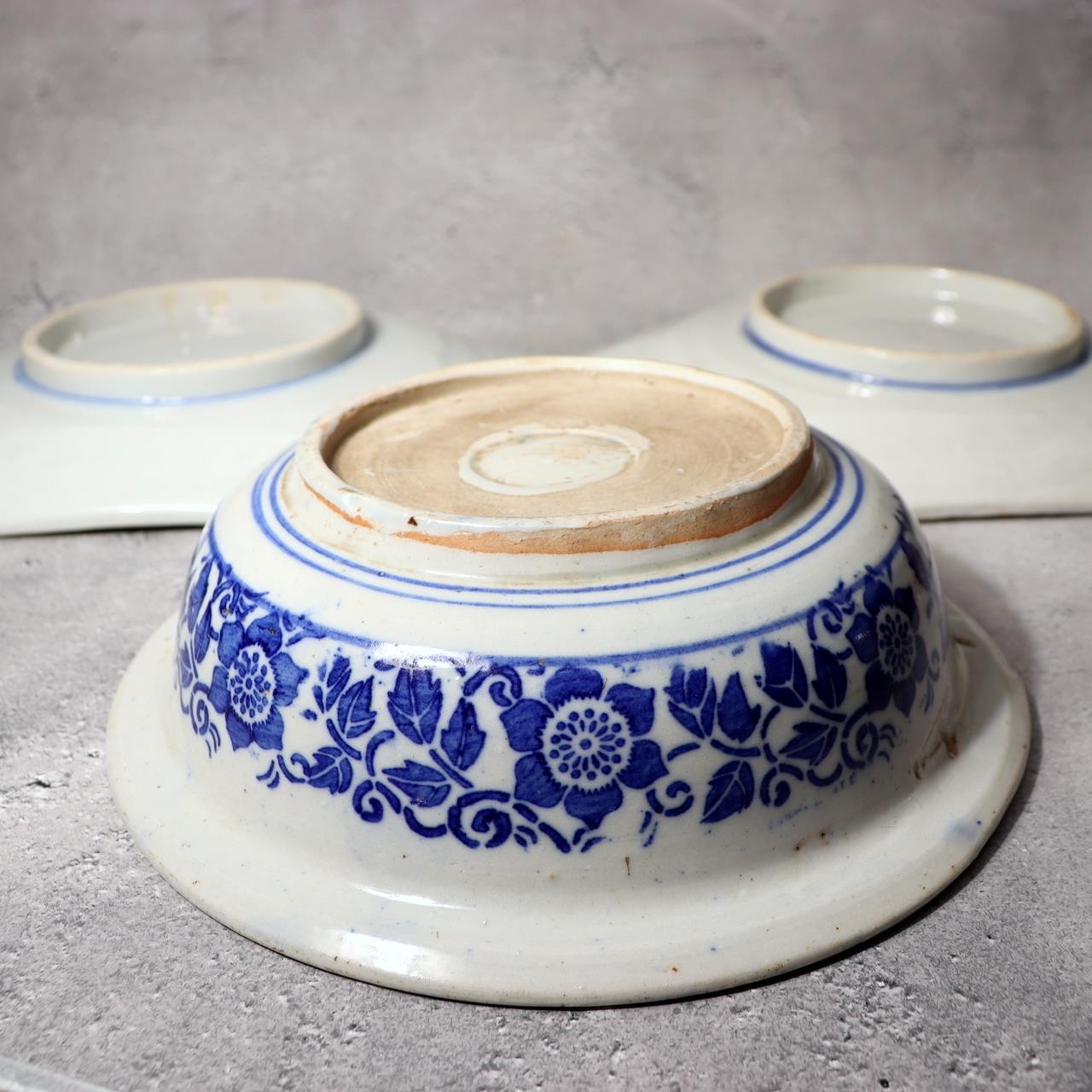 Antique Japanese Imari Transferware Set Rabbit Wave Bowl & Two Rooster Dishes9