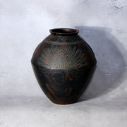 Vintage Japanese Mottled Purple Bronze Vase Signed Beisai Pine Cone Motif2