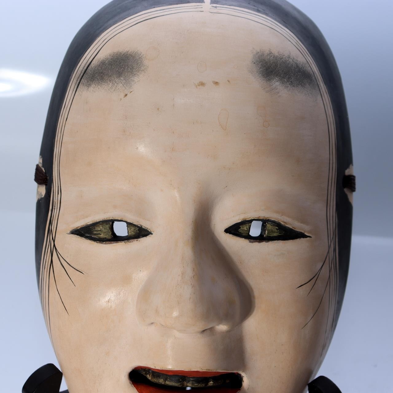 Japanese Carved Wooden Noh Mask Deigan Gold Eyes Signed with Mark Tomobako15