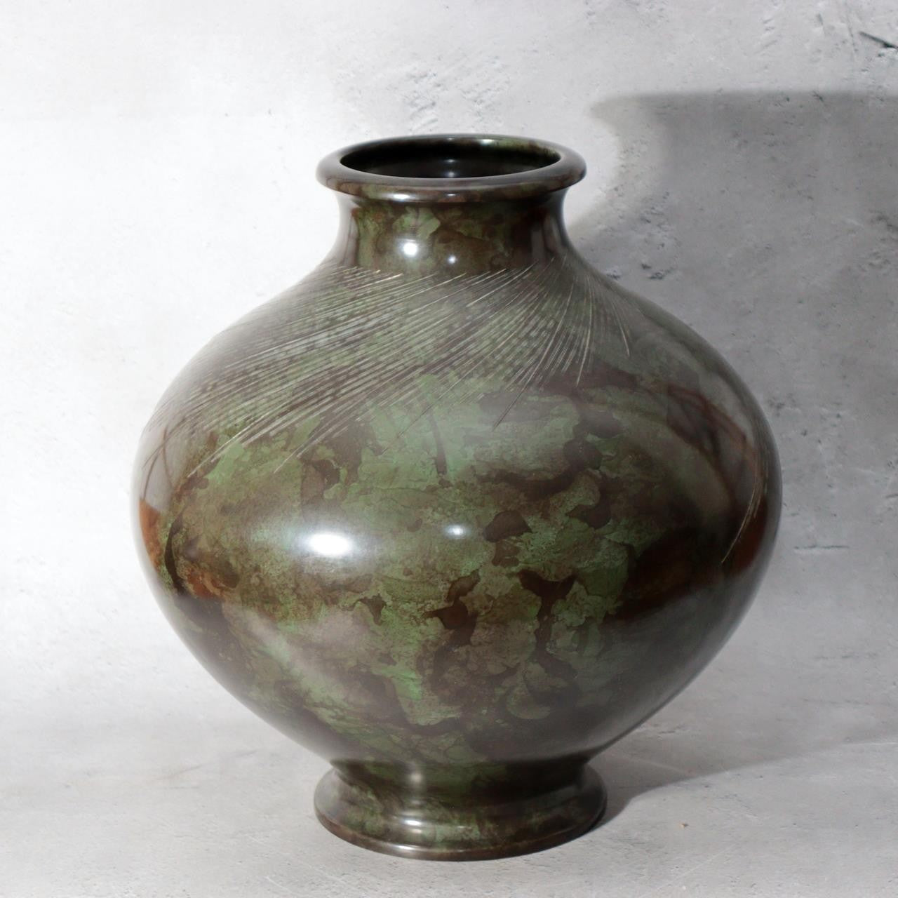 Japanese Bronze Vase Mottled Green Patina Engraved Lines Shimpo BV7711