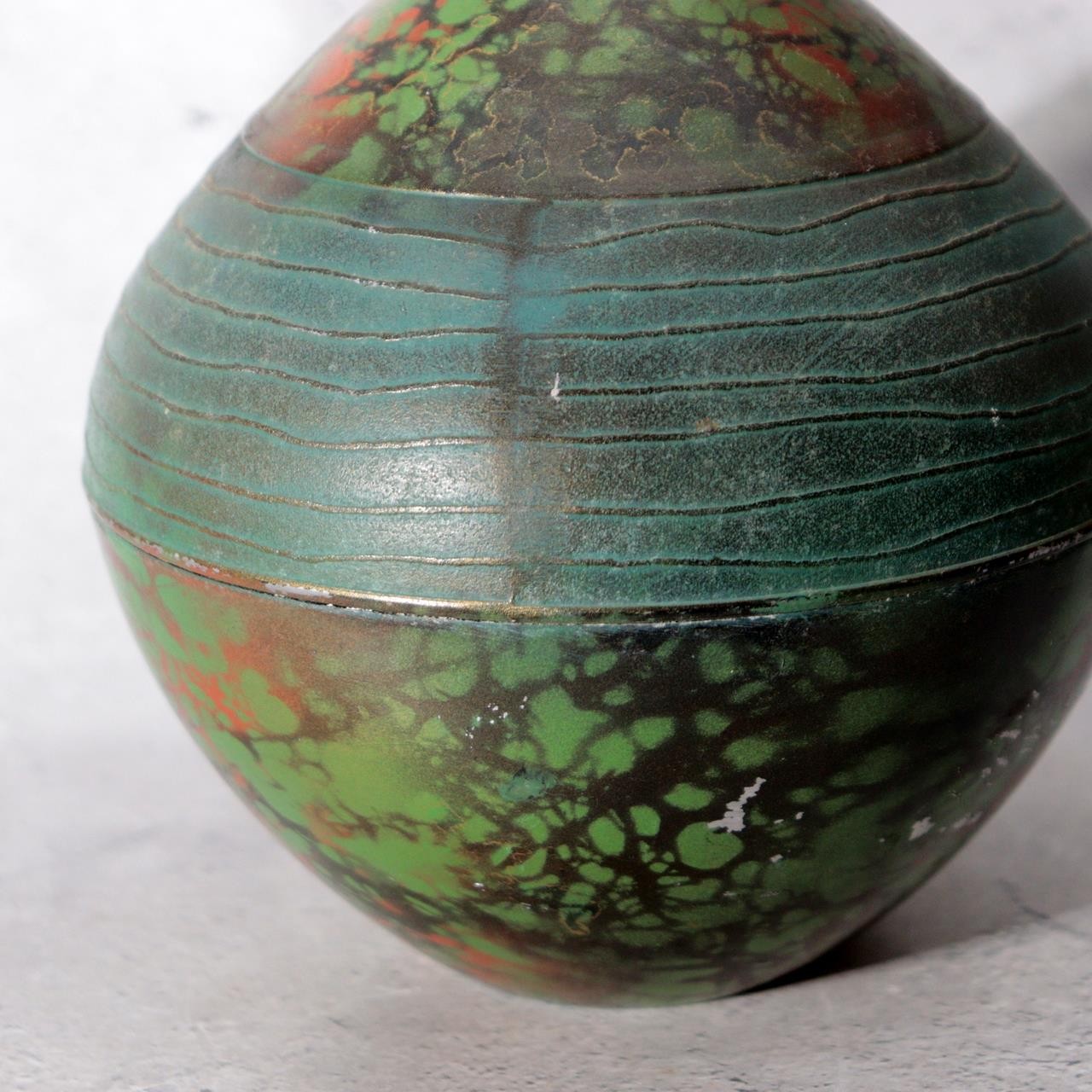 Japanese Metal Alloy Vase Mottled Green Patina Textured Band BV7706