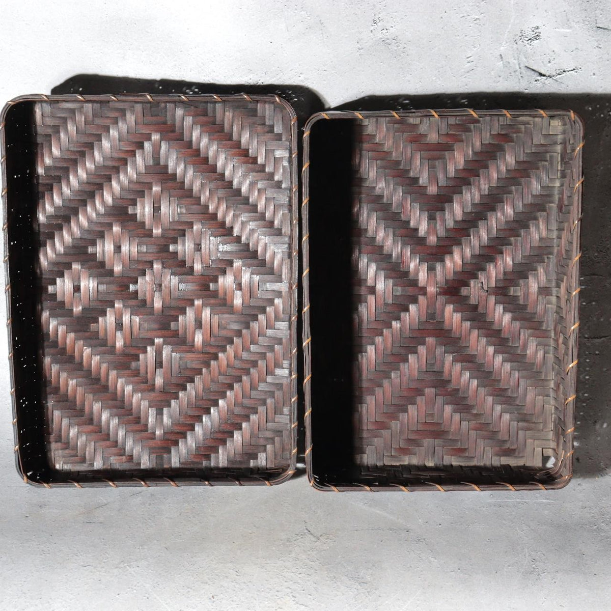 Vintage Japanese Bamboo Woven Rectangular Box Set of 2 Geometric Pattern Basket10