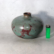 Japanese Takaoka Bronze Flat Round Vase Kankei Hanya Mottled Patina Tomobako10