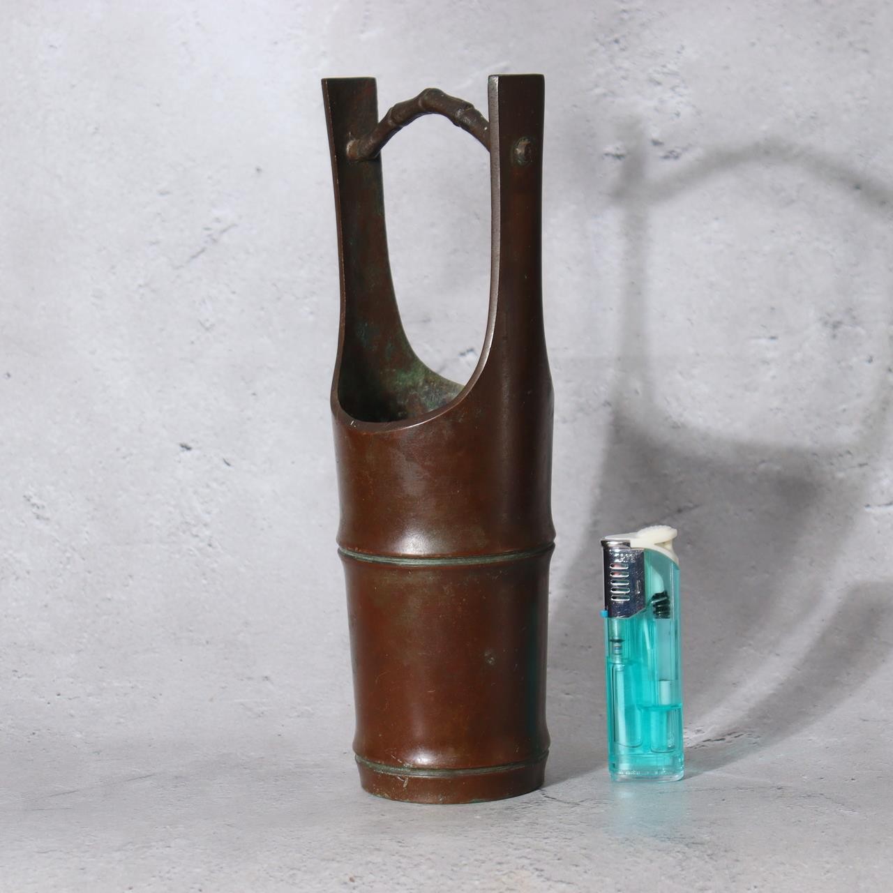 Japanese Vintage Cast Bronze Ikebana Vase - Bamboo Trunk Style with Handle BV7420