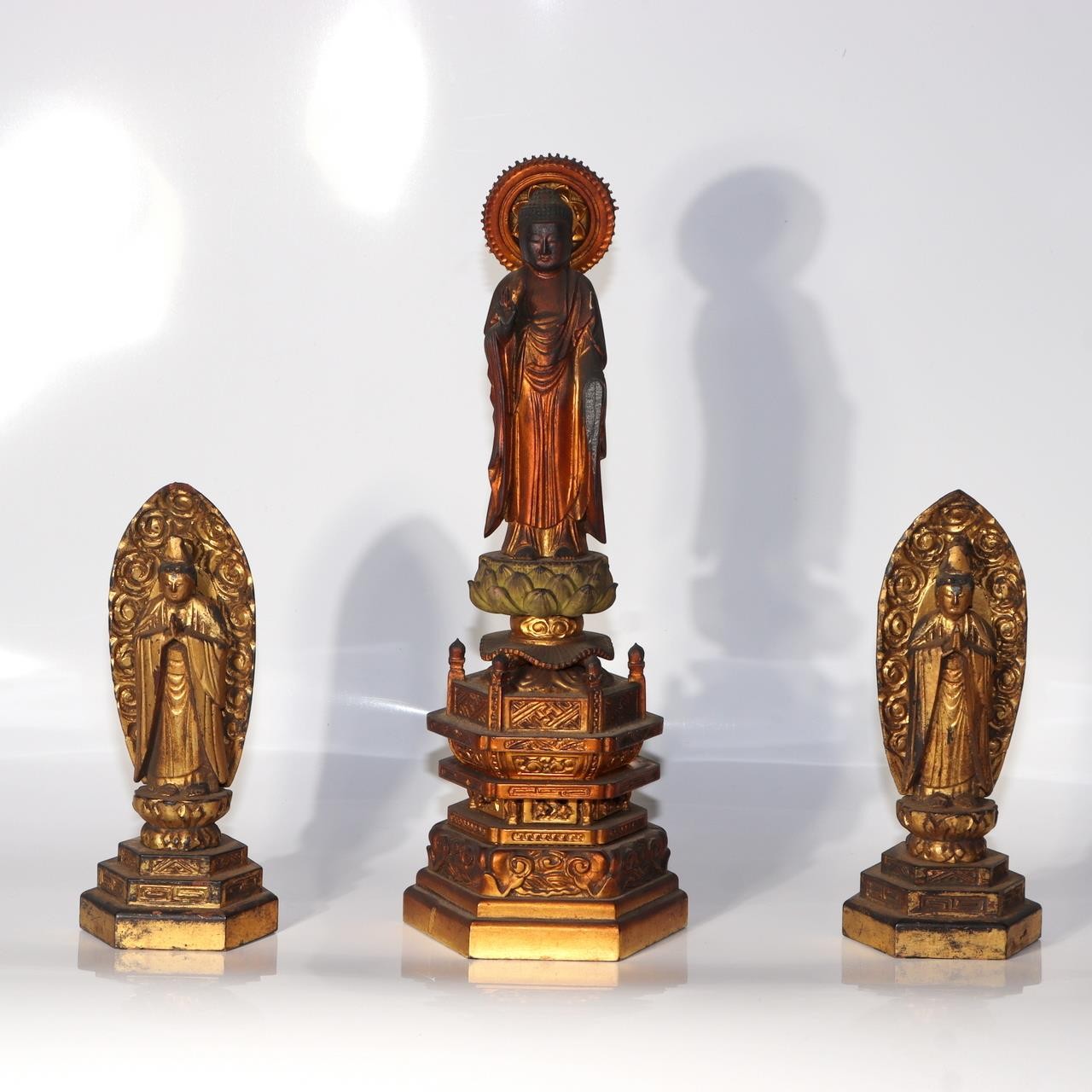 Japanese Vintage Amida Sanzon Buddhist Statue Set 3pc Gilt Wood 28.6cm Zen BT2441
