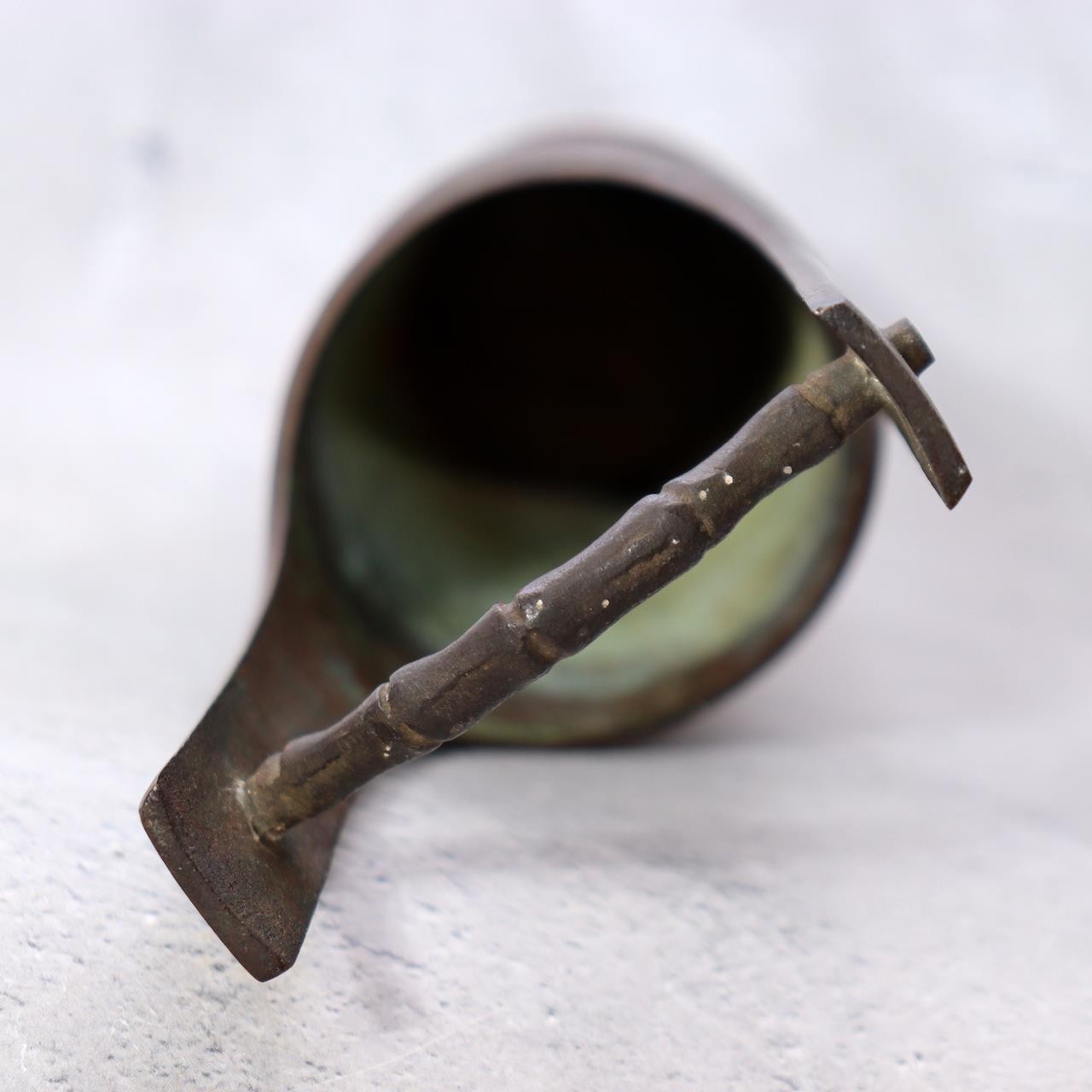 Japanese Vintage Cast Bronze Ikebana Vase - Bamboo Trunk Style with Handle BV74213