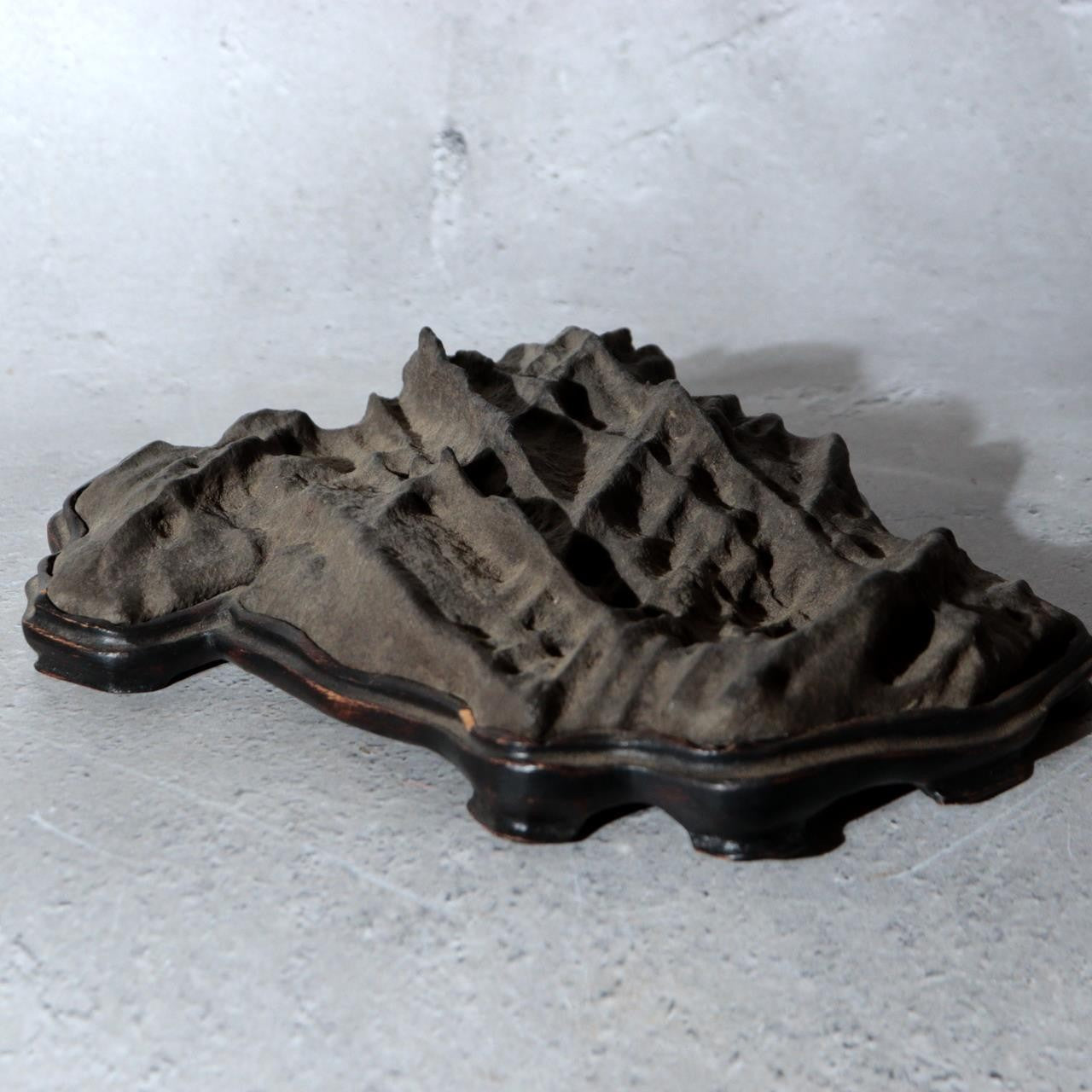 Japanese Suiseki Viewing Stone Mountain Landscape Shape with Wooden Daiza Base0