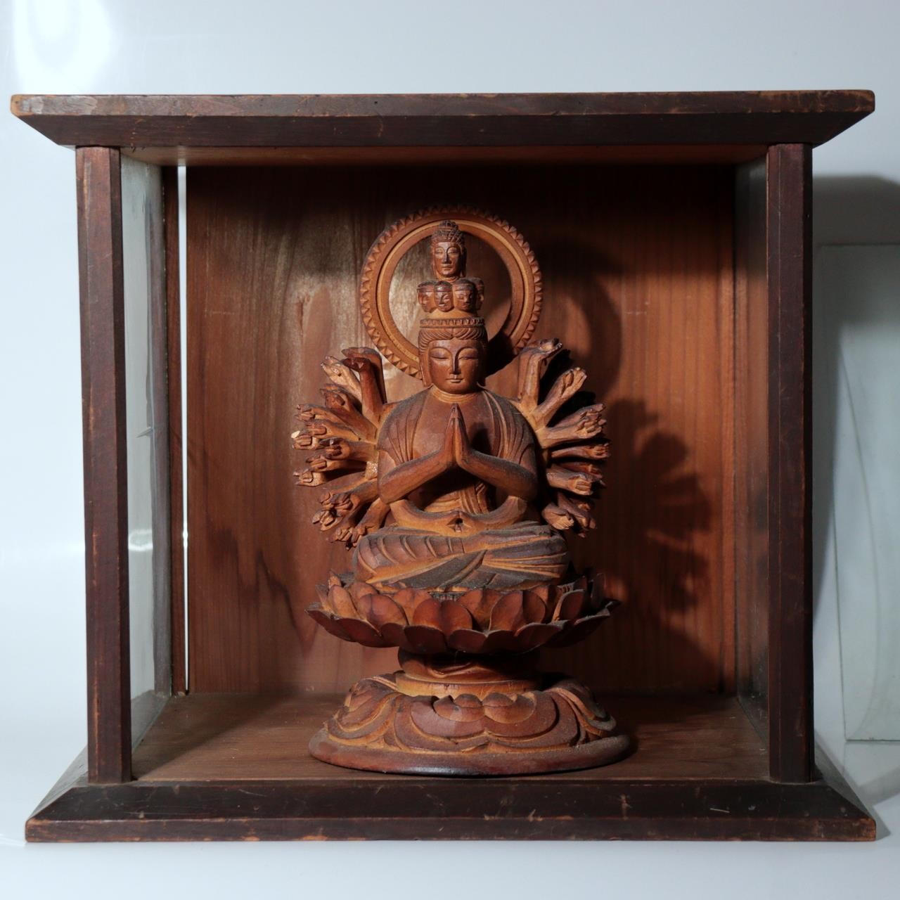 Vintage Japanese Wooden Carved Juichimen Senju Kannon Buddha Statue Glass Case1