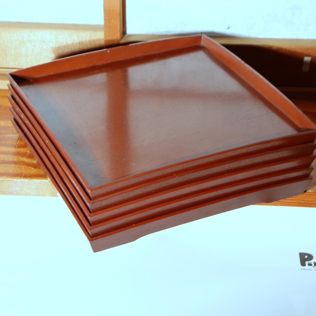 Japanese Vintage Lacquer Tray Obon Square Set of 5 Simple Wood Grain Reddish Bro5