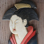 Japanese Antique Wooden Relief Panel — Geisha / Oiran Beauty with Fan Kanban3