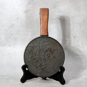 Antique Edo Period Bronze Hand Mirror Fujiwara Yoshikatsu Wooden Handle BOSa492