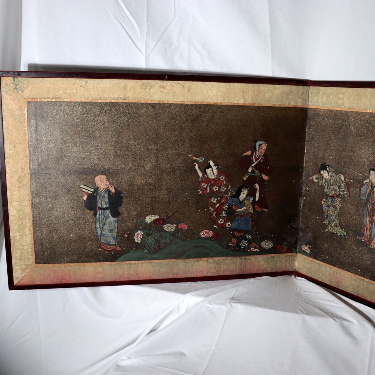 Vintage Japanese Byobu 2 Panel Room Divider Painted Figures Floral7