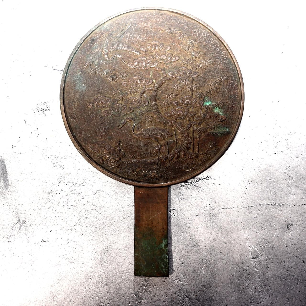 Japanese Antique Bronze Mirror Crane Turtle Pine Tree Tenkaichi Signed 30cm 680g2