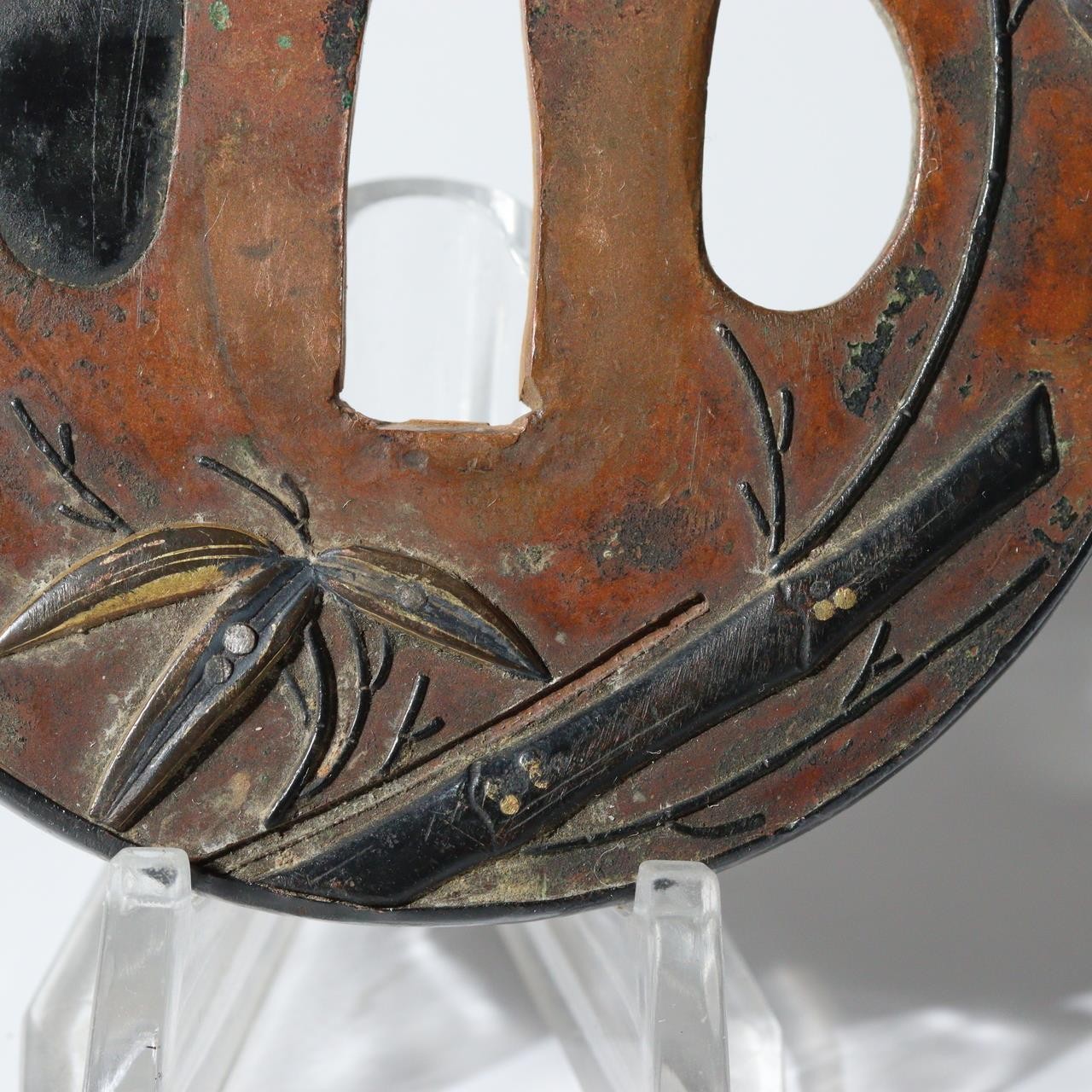 Antique Japanese Copper Gilt Bamboo Motif Tsuba Sword Guard Fukurin Rim STO905