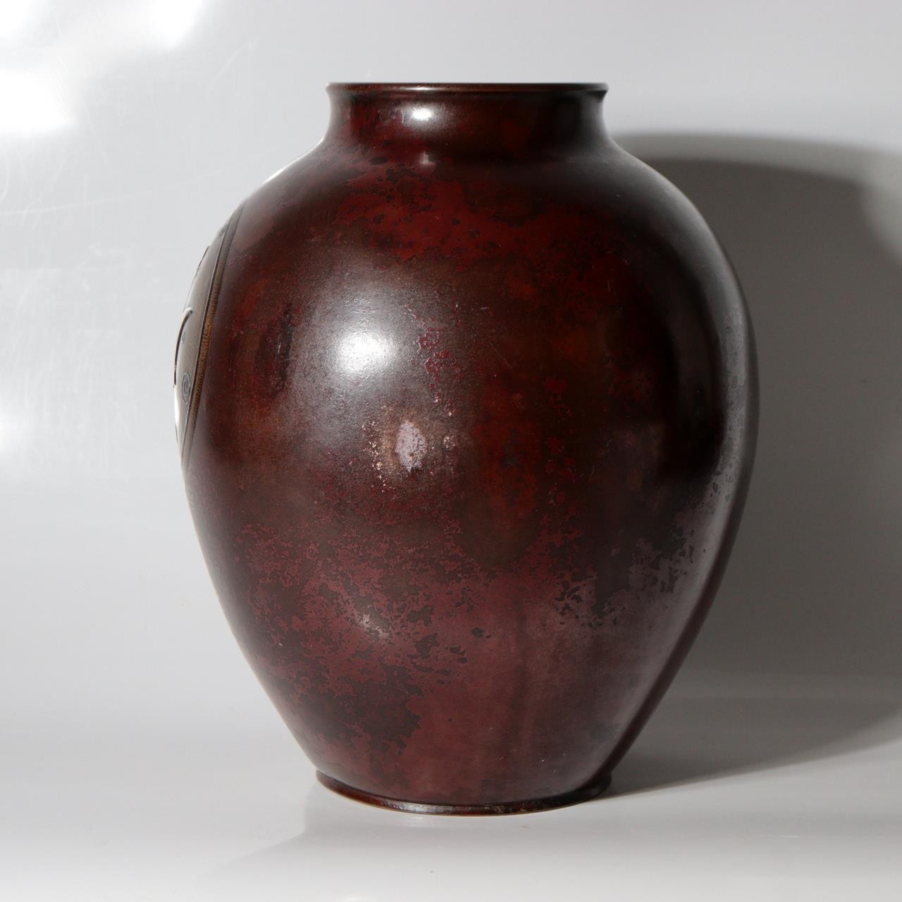 Vintage Japanese Copper Vase Silver Inlay Angelfish Motif Bronze BV7854