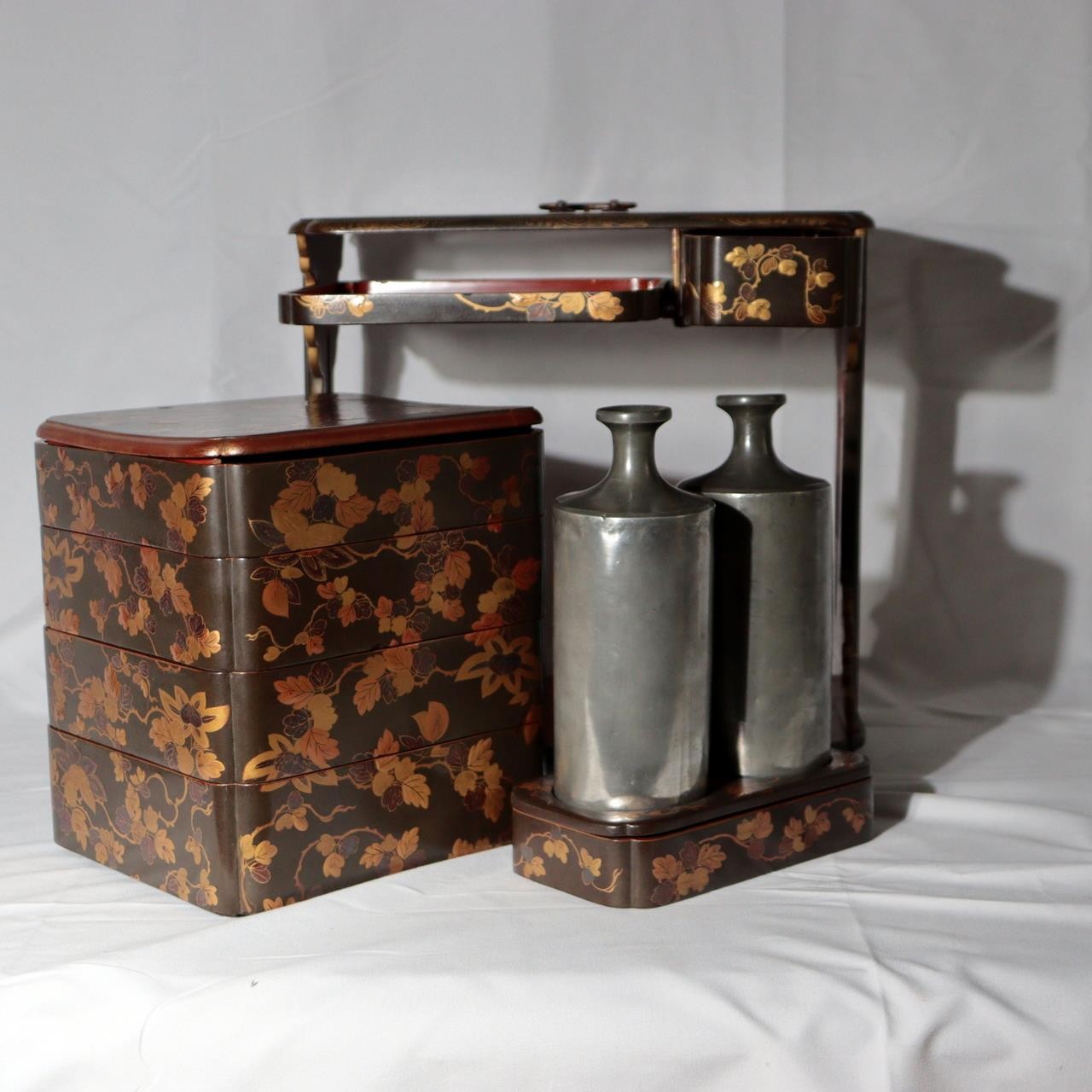 ​Antique Japanese Maki e Lacquer Nobento Sageju Picnic Set Tin Flasks WO6363