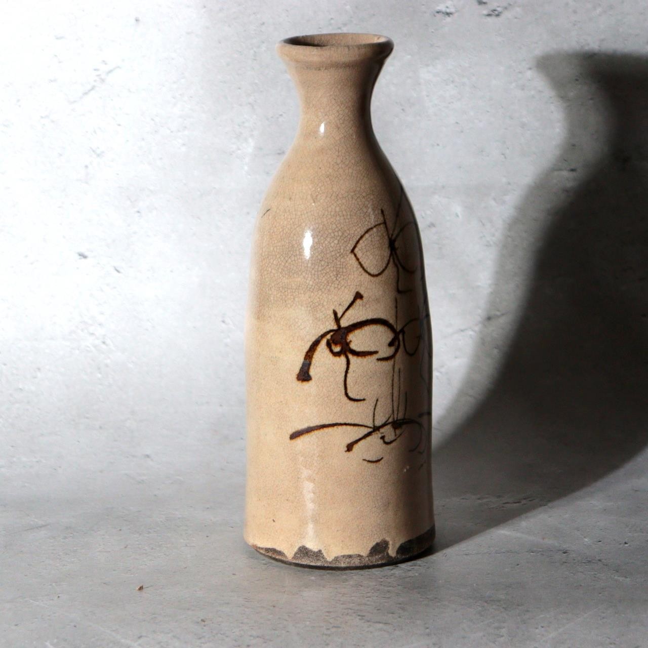 Late Edo Seto Ware Ceramic Sake Bottle Tokkuri Iron Brown Grass Motif PV3179