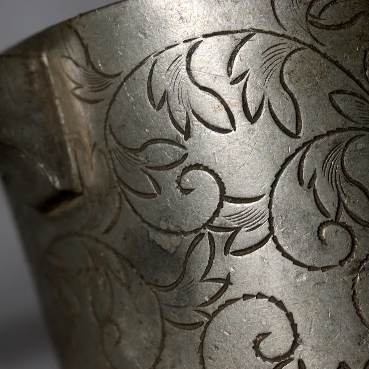 Antique Japanese Pewter Bajou-Shaku Samurai Horseback Sake Ladle Cup Engraved2