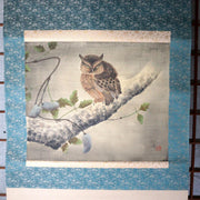 Vintage Japanese Silk Hanging Scroll Painting Chikutei Owl Akebia1