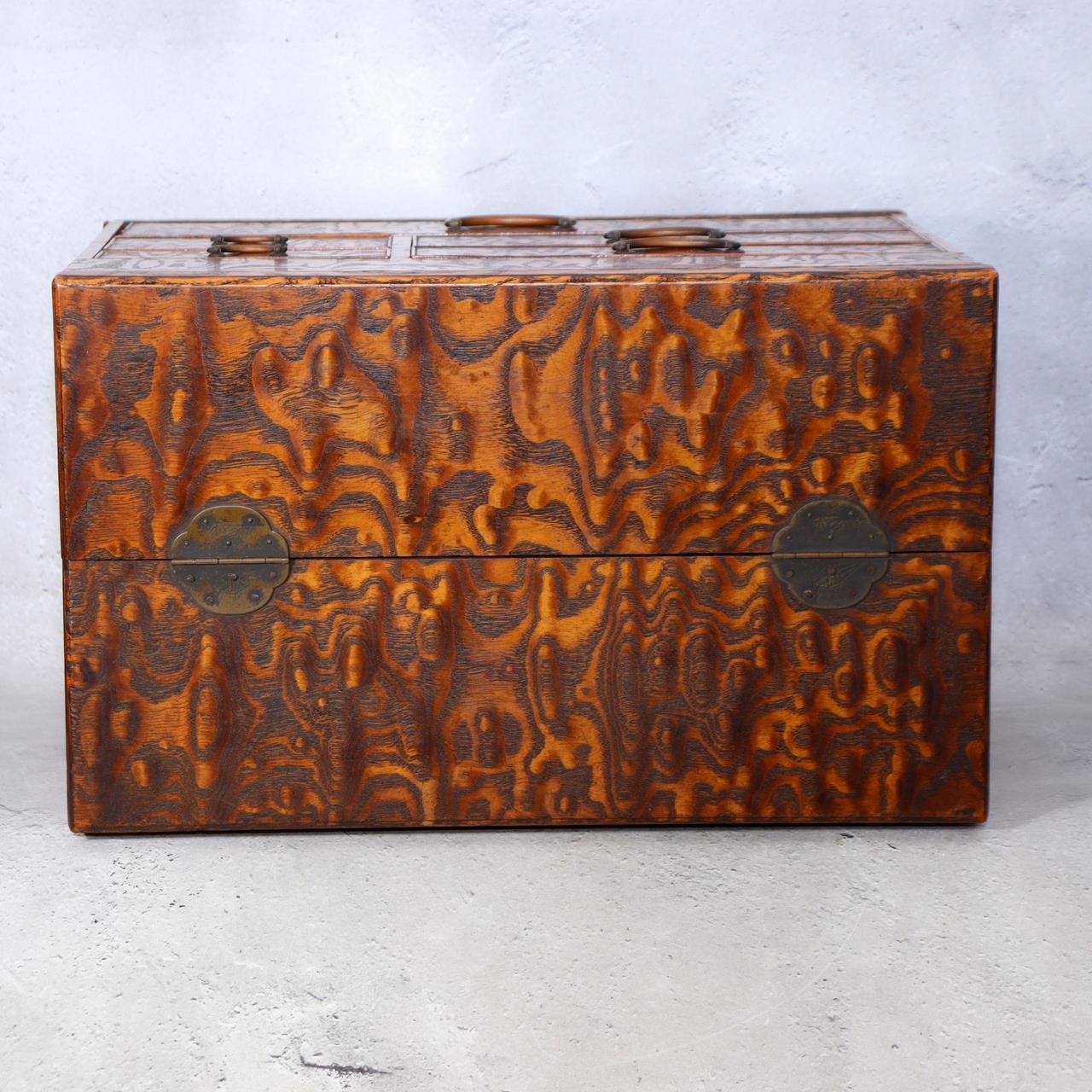 Vintage Japanese Tamo Wood Sewing Box Haribako Full Burl Grain Chest WO6063