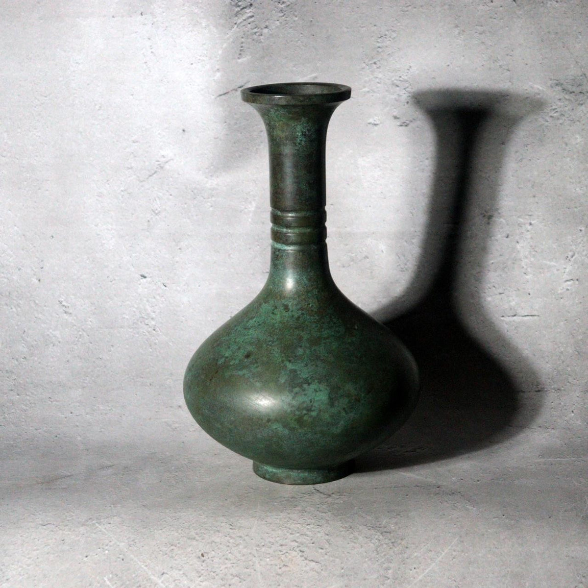 Vintage Japanese Takaoka Cast Bronze Vase Crane Neck by Zuiho Green Patina2