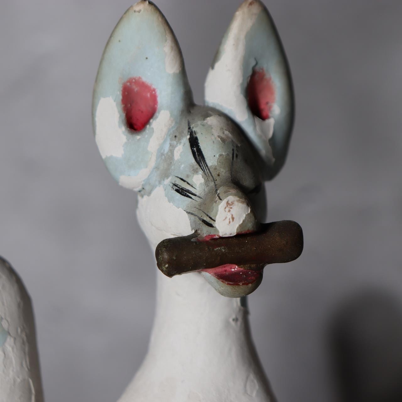 Pair of Vintage Japanese Clay Inari Fox Statues Traditional Gofun Finish Temple17