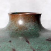 Japanese Takaoka Bronze Flat Round Vase Kankei Hanya Mottled Patina Tomobako12
