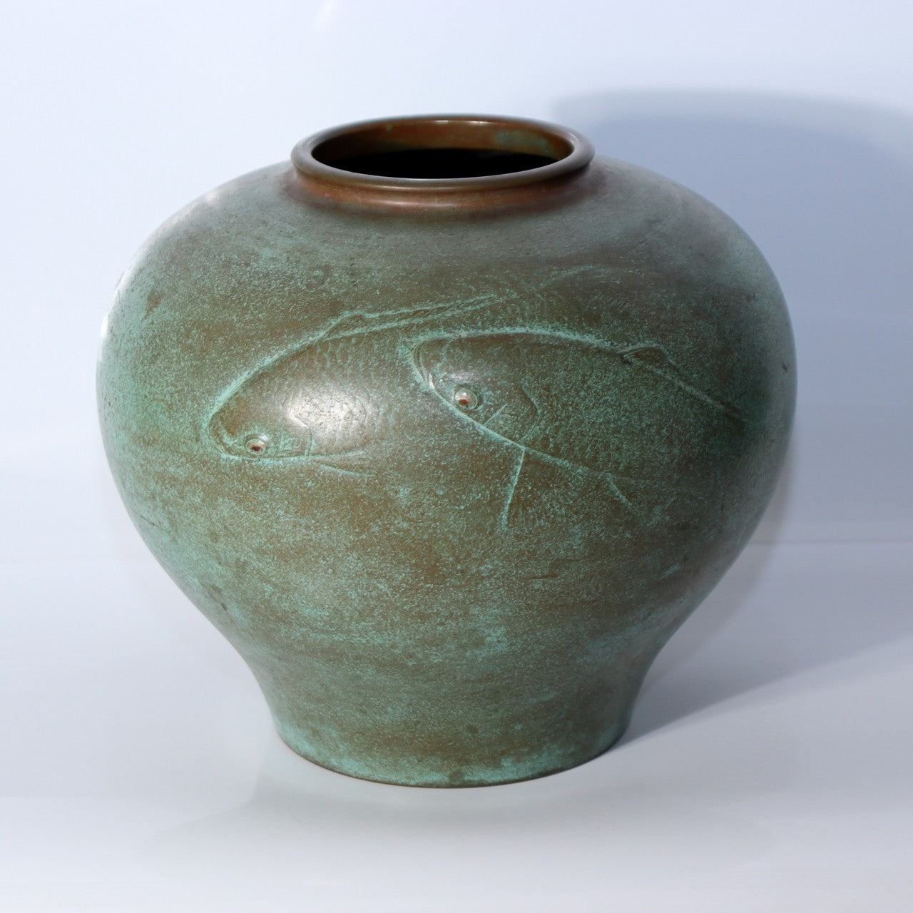Vintage Heavyweight Japanese Bronze Vase Engraved carp Motif Verdigris Patina0