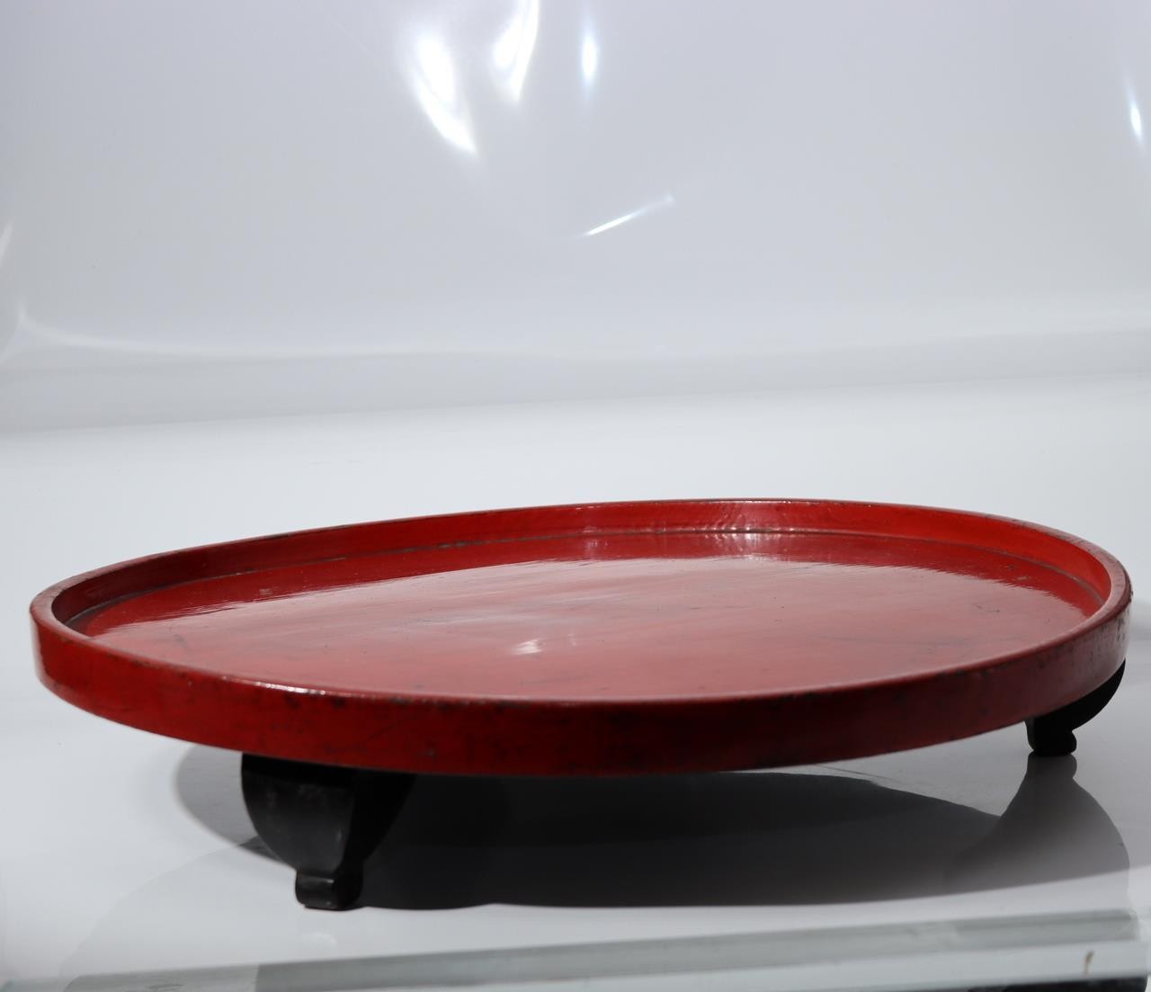 Large Japanese Lacquer Footed Tray - Tripod Base - Aizu-Style Red Lacquer 42.3cm10