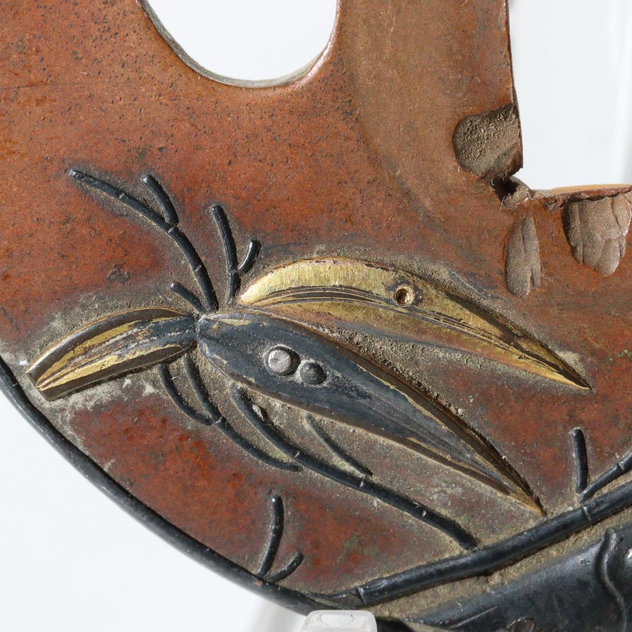 Antique Japanese Copper Gilt Bamboo Motif Tsuba Sword Guard Fukurin Rim STO909