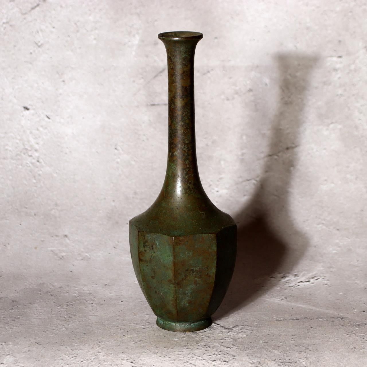 Vintage Japanese Bronze Bud Vase Faceted Hexagon Small Rare Mini Size Zen BV7204