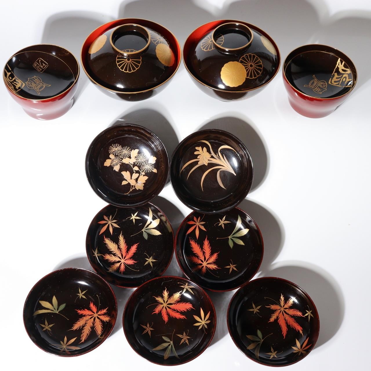 11-Piece Japanese Antique Urushi Lacquerware Set Gold Maki-e Chrysanthemum etc1