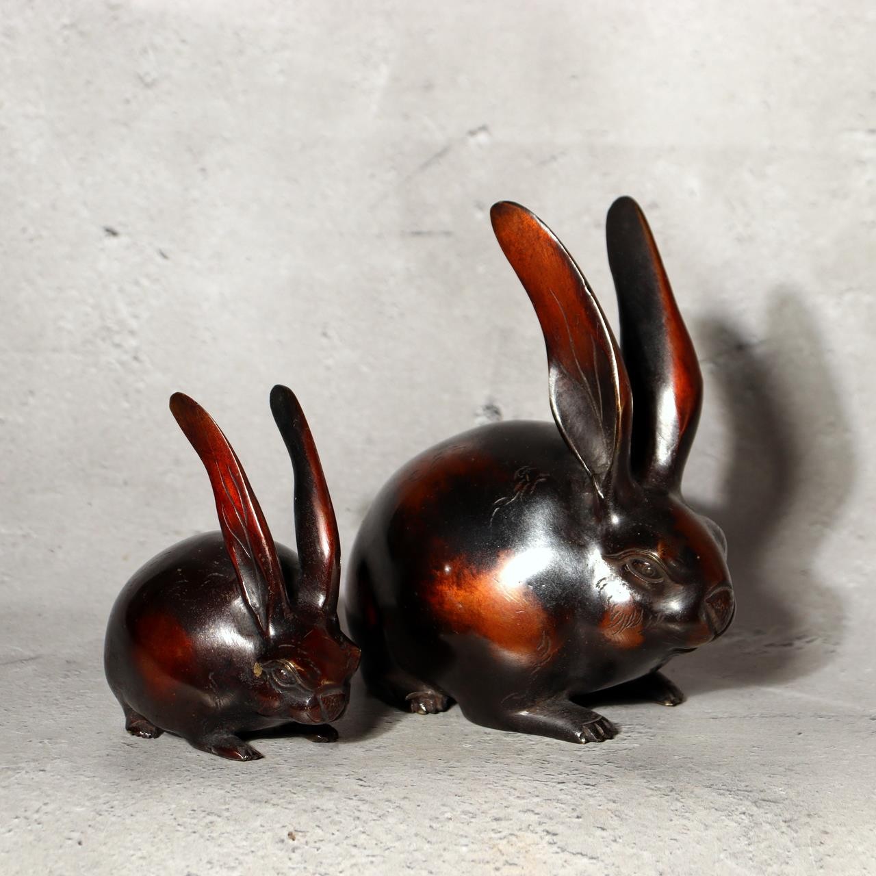 Japanese Bronze Rabbit Pair Okimono Statue Figurine Mottled Red Patina
