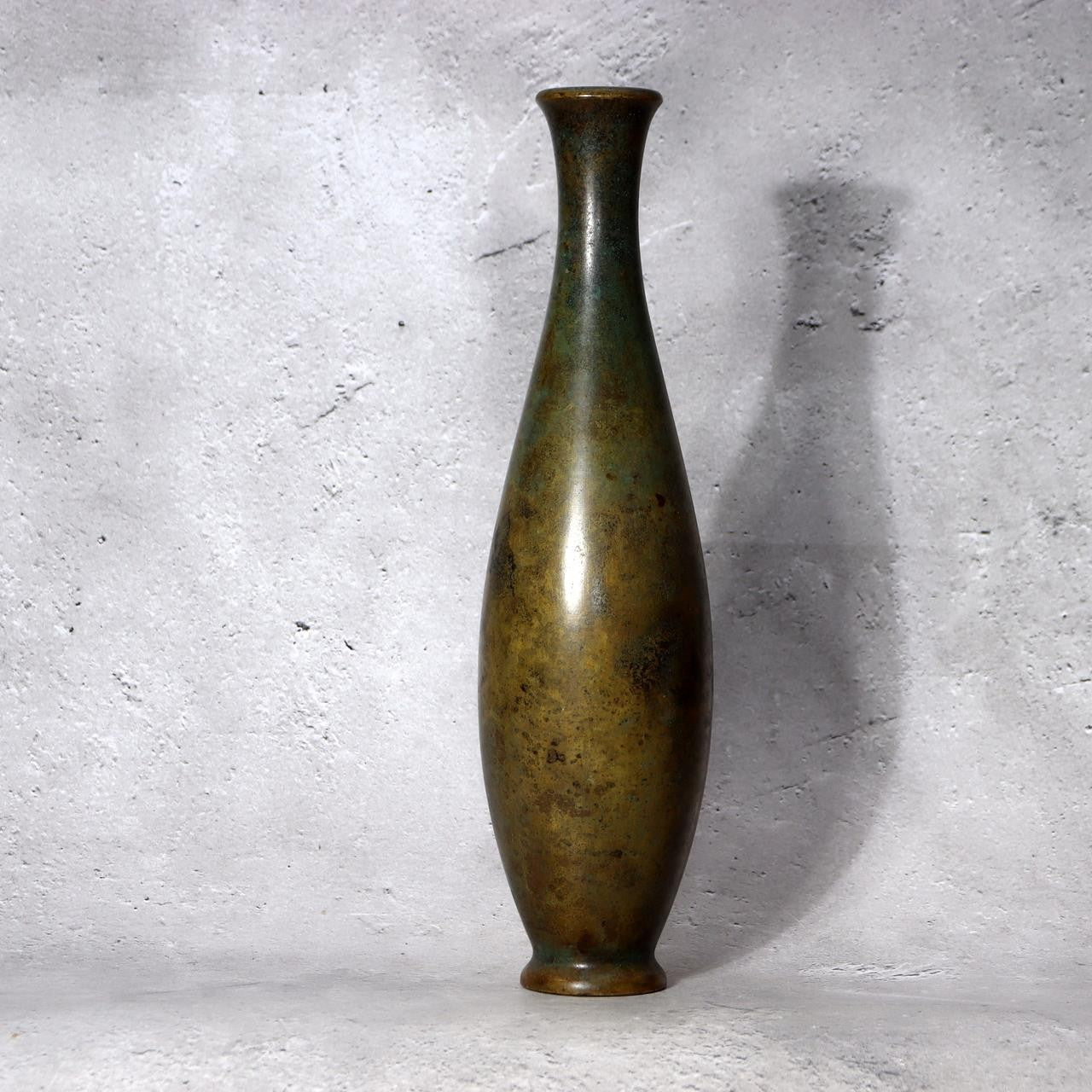 Vintage Japanese Bronze Vase  Slender Silhouette Vivid Verdigris Patina BV7484