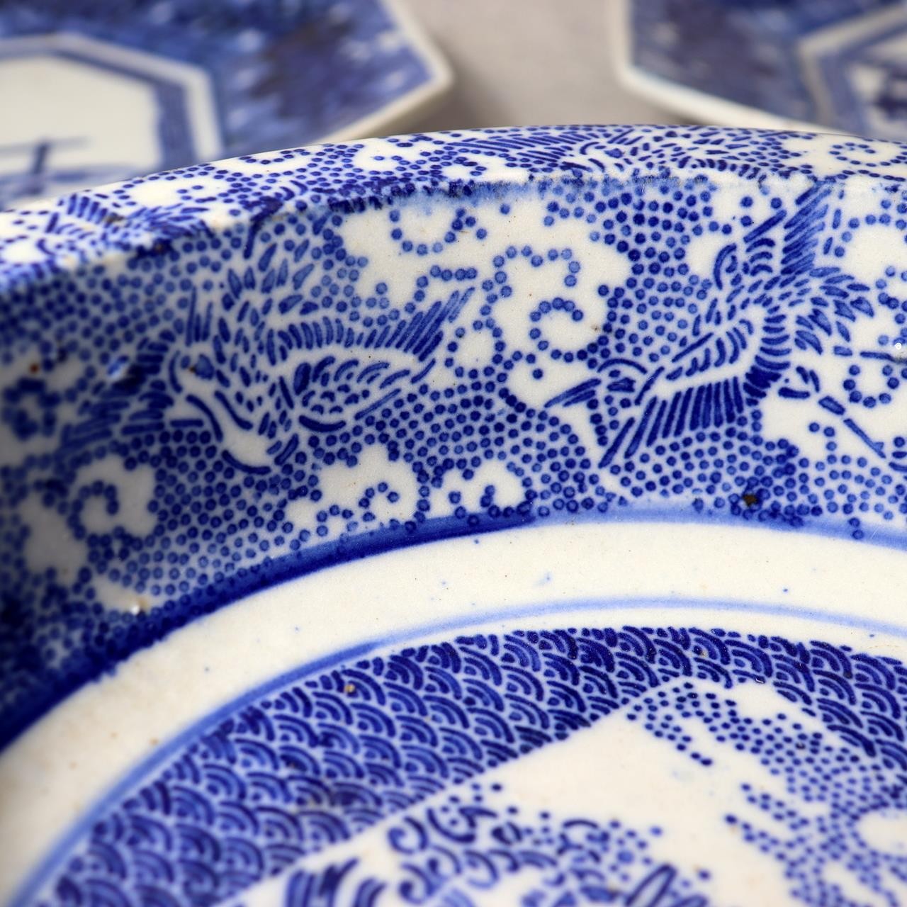 Antique Japanese Imari Transferware Set Rabbit Wave Bowl & Two Rooster Dishes12