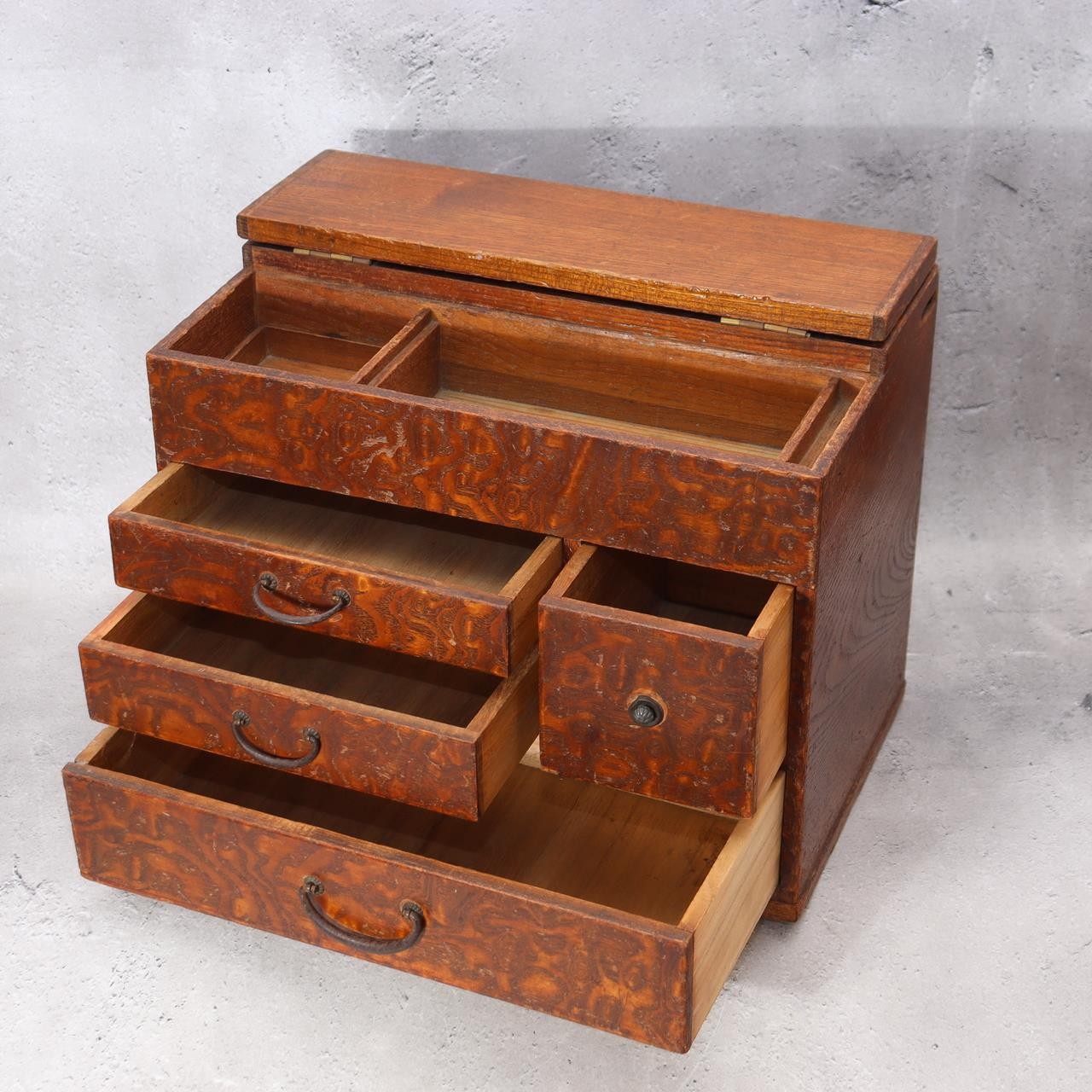 Vintage Japanese Haribako Sewing Box - Burl Wood Grain Showa Retro Multi-Drawer7
