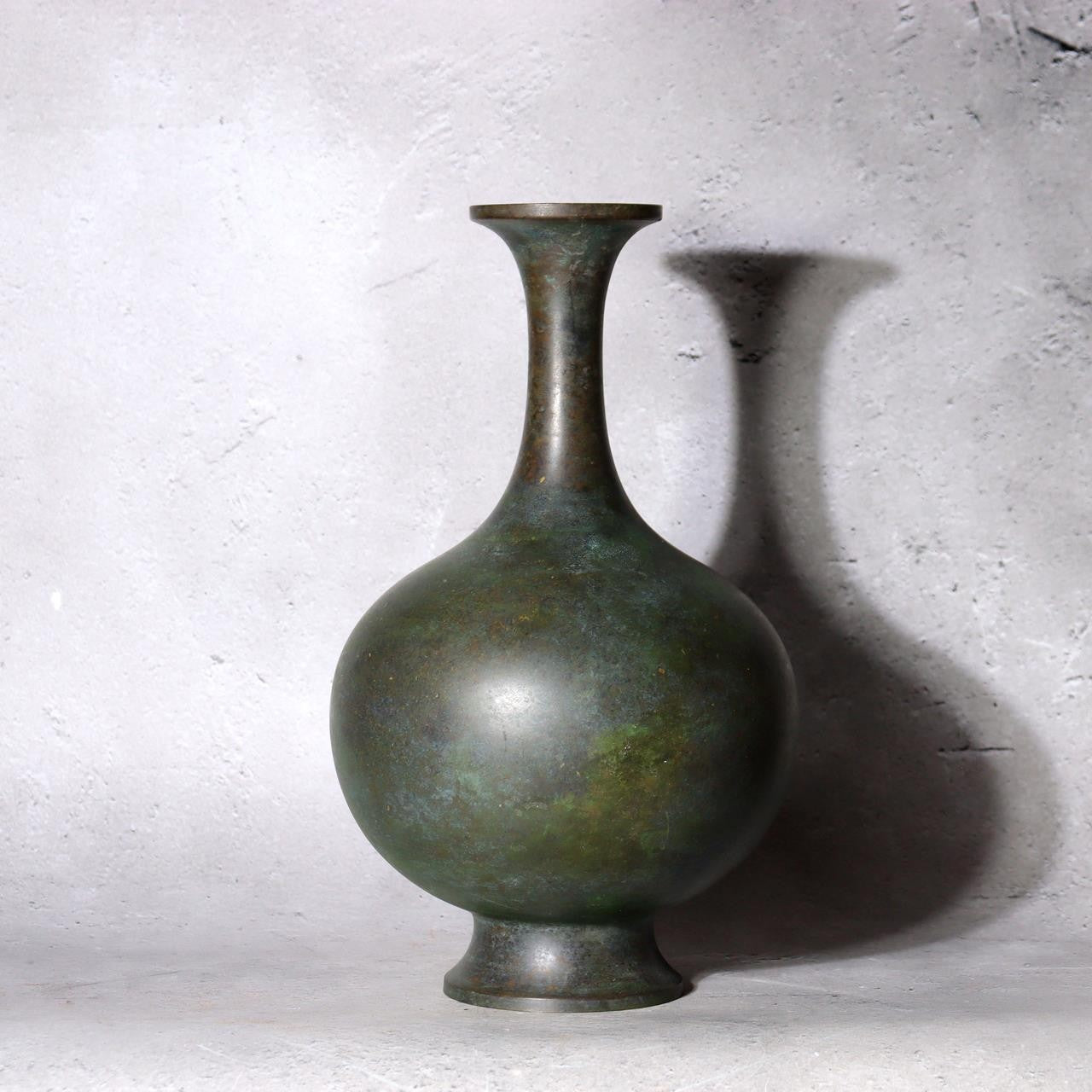 Takaoka Bronze Vase  Gousho Ancient Verdigris Patina Classic Trumpet Neck Japan0