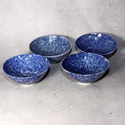 Antique Japanese Imari Rice Bowls Set 4 Inban Transferware Blue Fern Meiji IP1295
