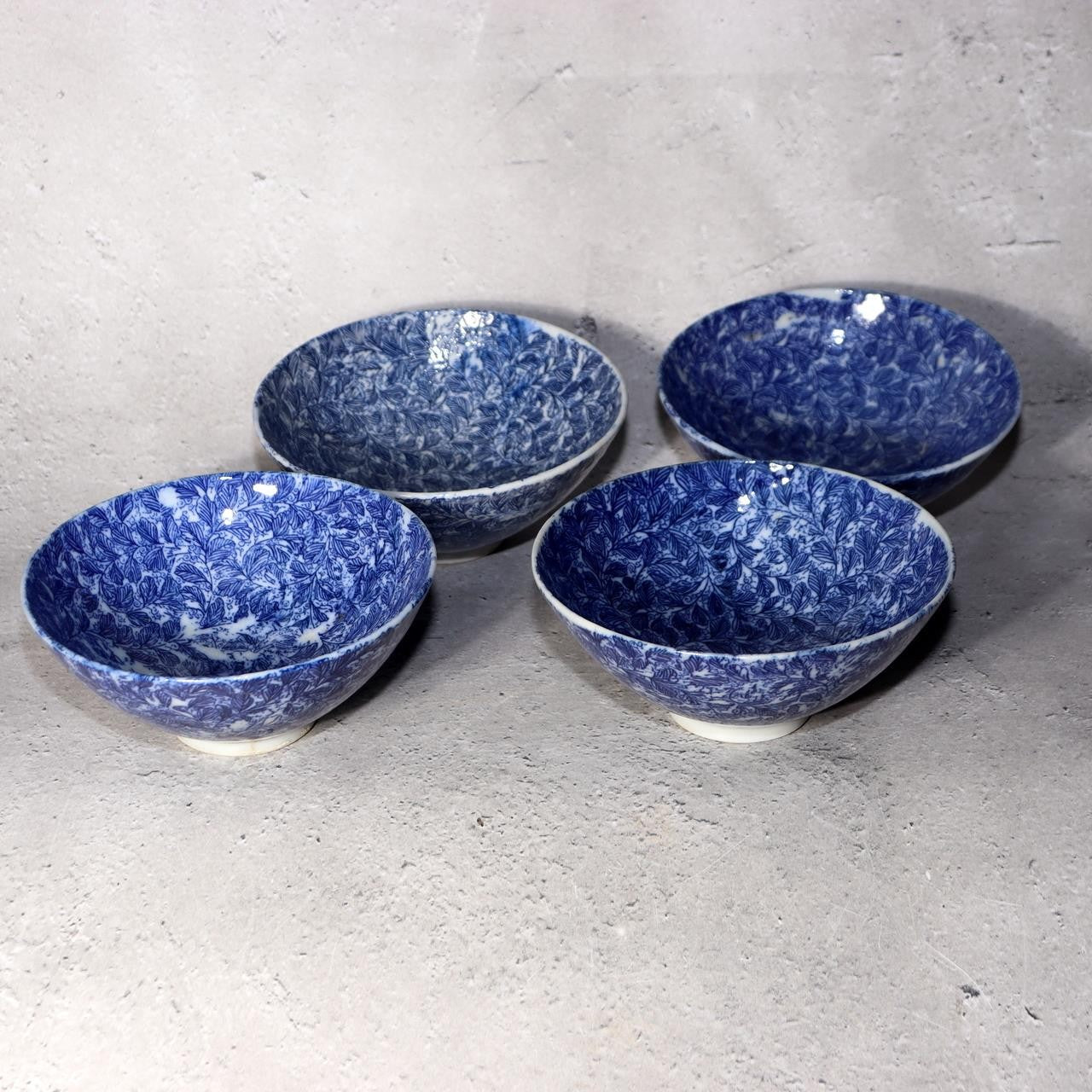 Antique Japanese Imari Rice Bowls Set 4 Inban Transferware Blue Fern Meiji IP1295