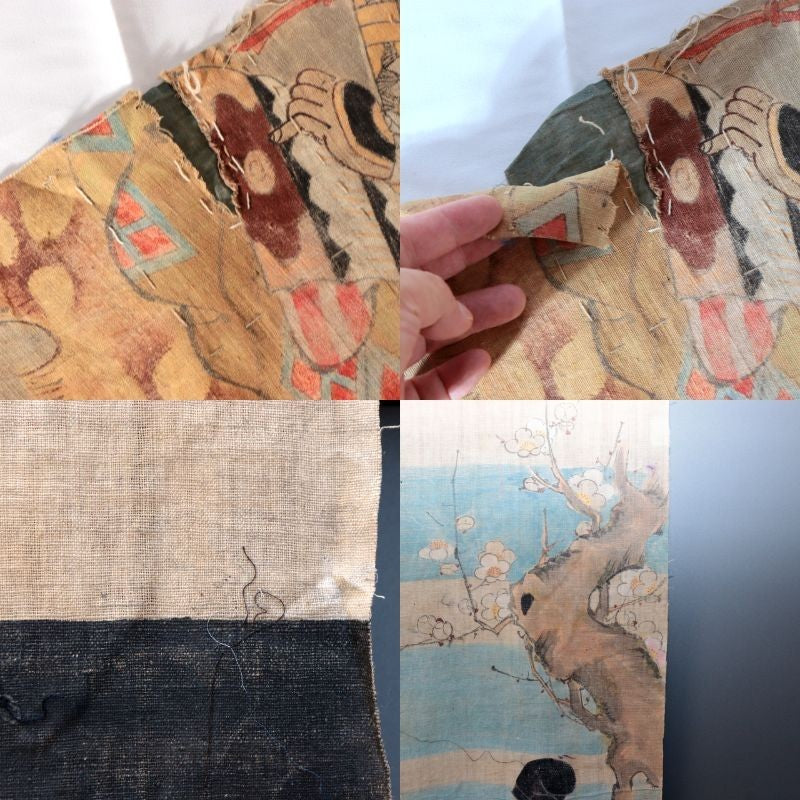 Late Edo Japanese Boro Nobori Flag Samurai Hand Painted Hemp BRKW1738